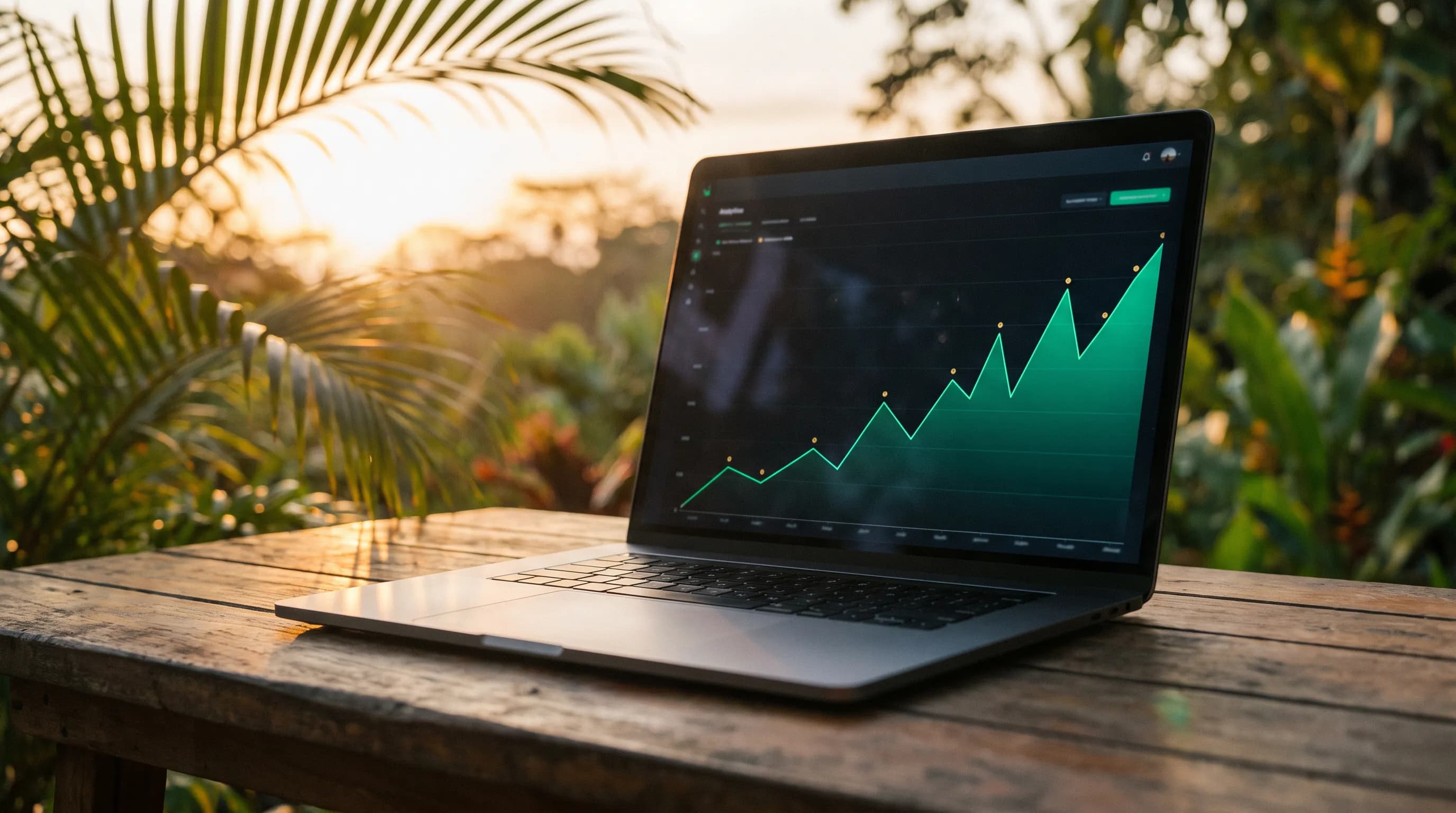 Laptop showing an analytics dashboard with a rising growth graph
