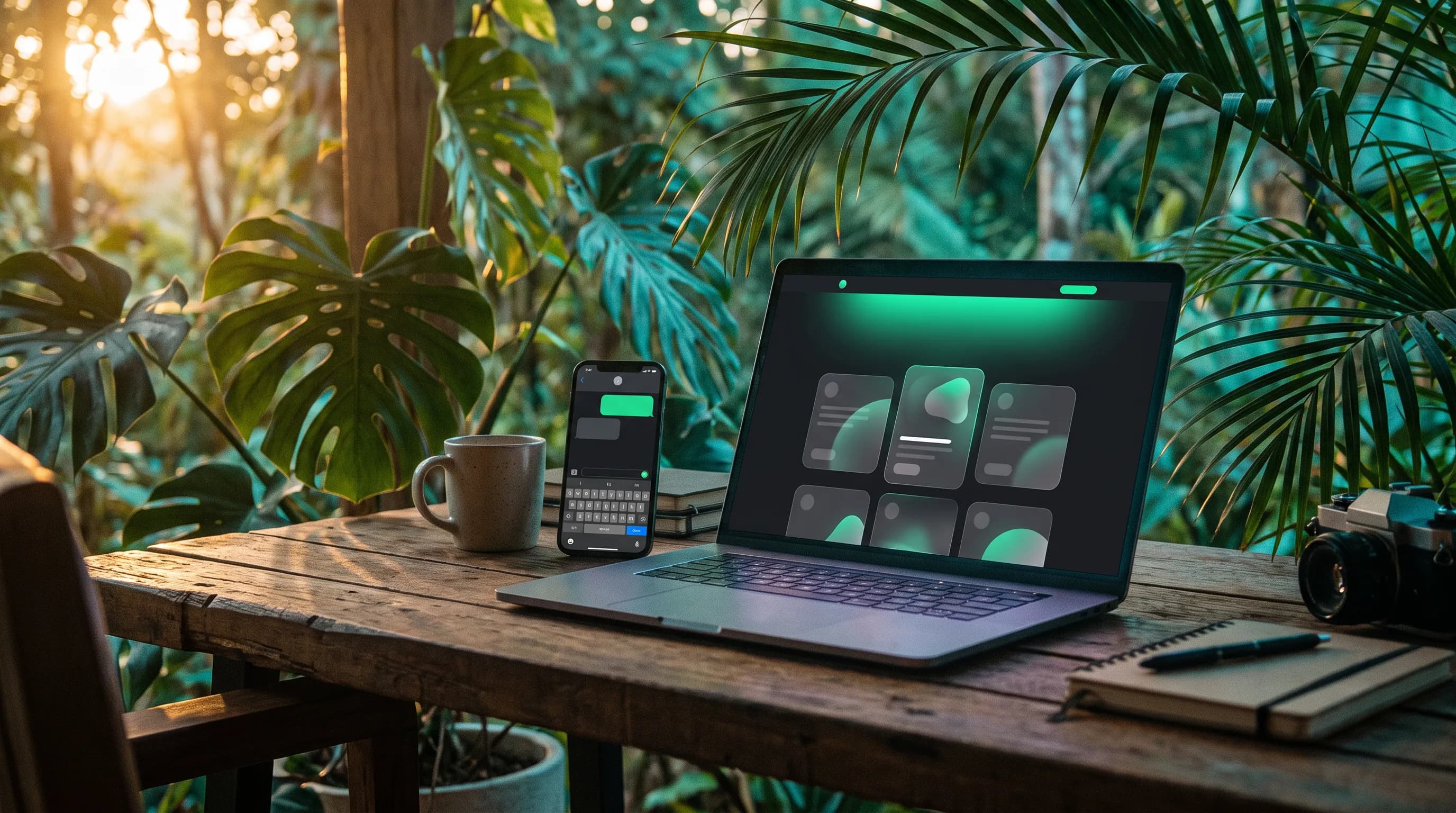 Laptop showing a freshly built website open beside a phone with a WhatsApp conversation